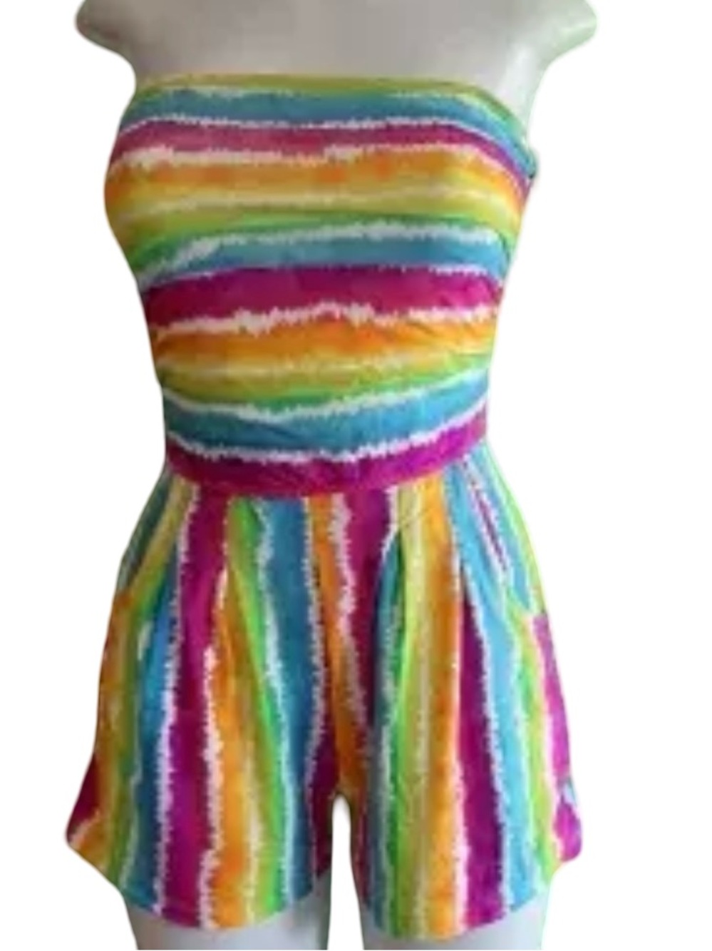 Love Rainbow Stripe Strapless Shorts Romper Multicolor Tie Dye Ruched Pockets